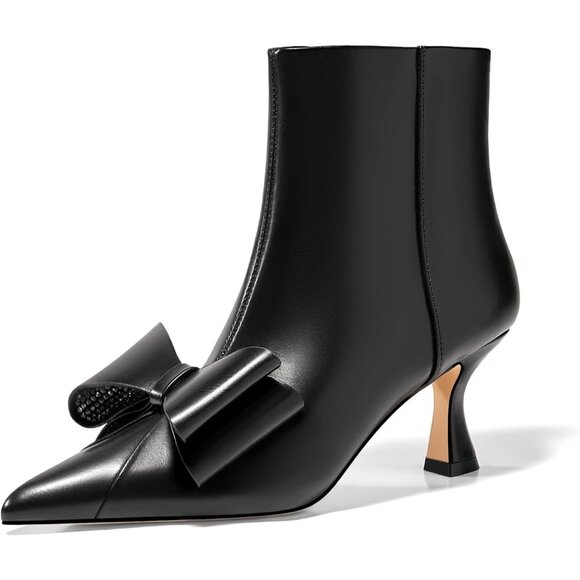 ⚡Women's Black Low Kitten Heel Ankle Boots Rhinestone Bow Pointed Toe Zipper - Picture 1 of 5